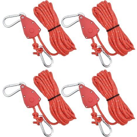 Reflektierendes Zeltseil mit verstellbarer Ratschenmechanik, geeignet für Camping, Sonnenschirm und Markise, 4 Stück, 4 mm x 4 m, rot