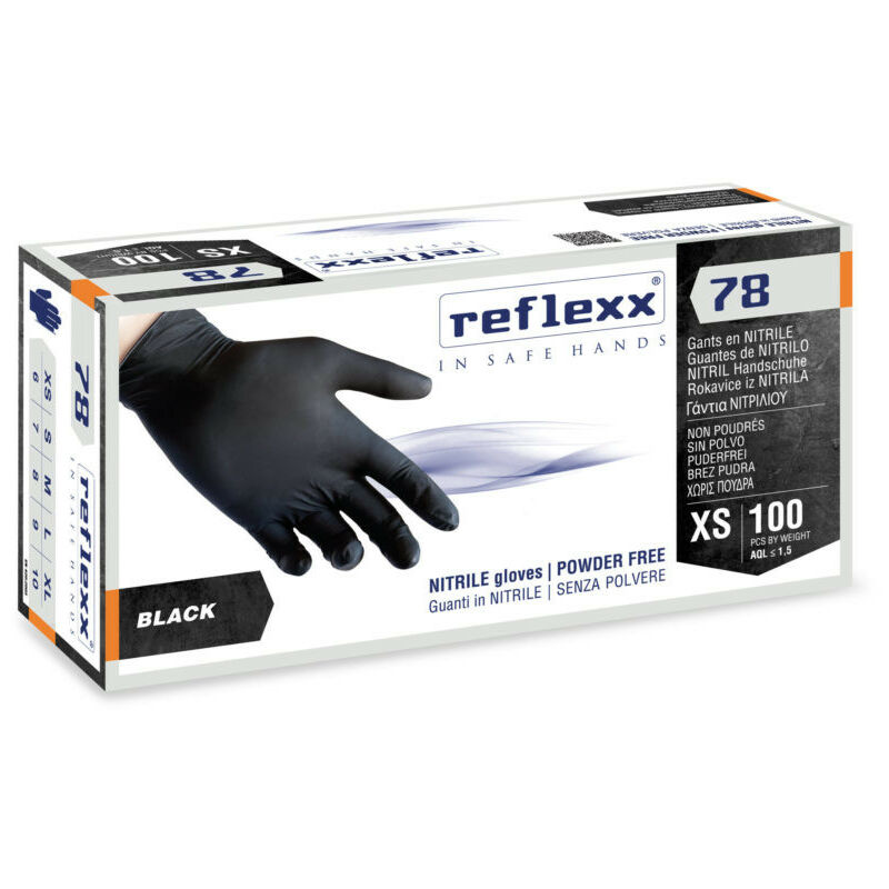 Image of Reflexx - Guanti Nitrile Neri Senza Polvere 78 gr.4,0 confezione 100pezzi Taglia: s
