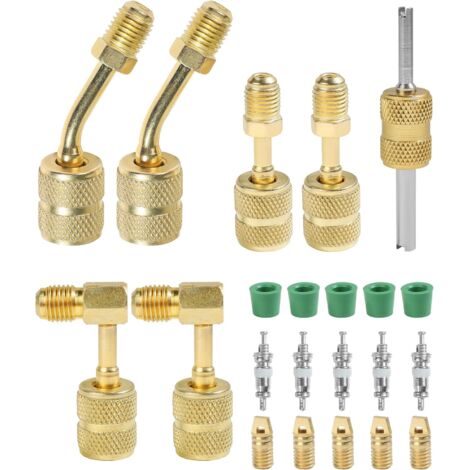 Refrigerante, adaptador para minisplit, kit adaptador R410A, rosca hembra de 5/16" a rosca macho de 1/4", accesorios para automóviles. Kit de bomba de vacío para minisplit con extractor de núcleo de v