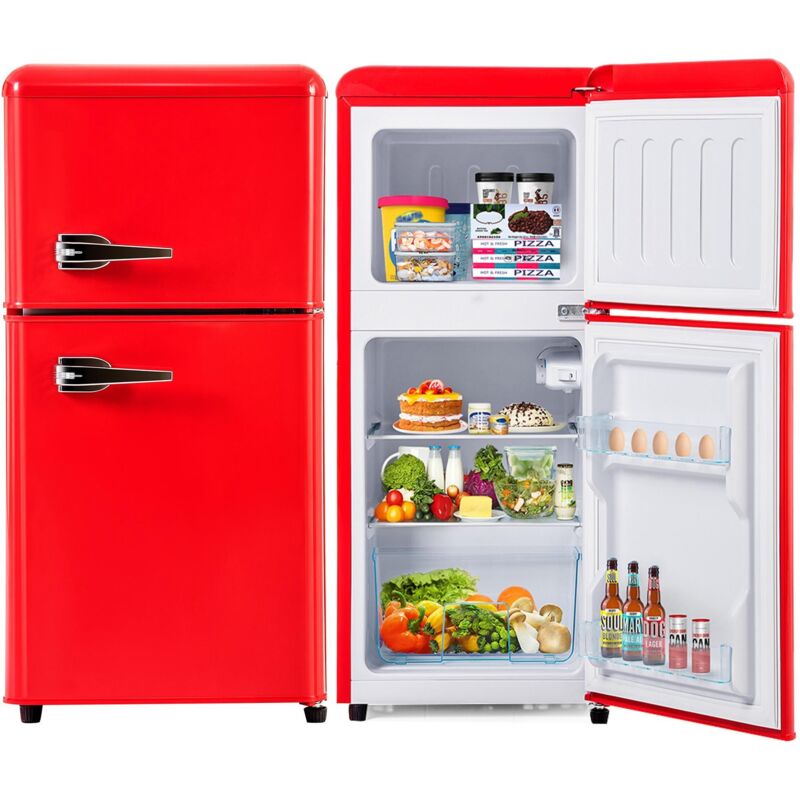 Dans Les Nuages – Réfrigérateur 60L avec 2 portes – Compartiment congélateur 22L – Éclairage LED – Étagères réglables – Rouge – Classe F – -27 à 13°C