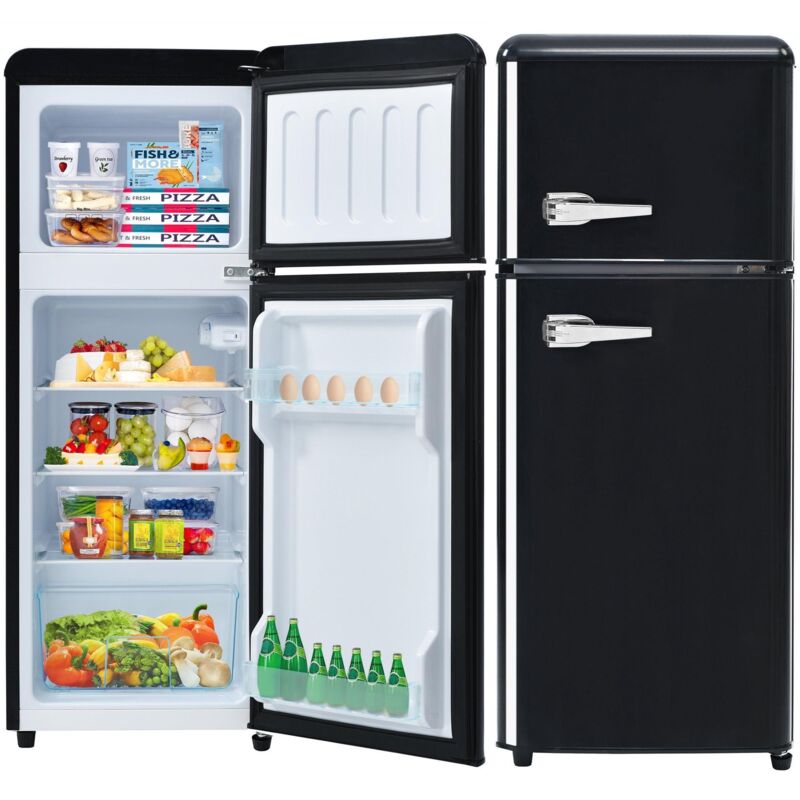 Réfrigérateur 92L, avec 2 porte, compartiment congélateur, éclairage LED, réglables étagère et pieds, poignée de porte en métal, style Vintage,