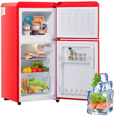 Réfrigérateur double porte 60 l, avec capacité de congélation 22 l, 02 kWh/an, -27°C ∽ 13°C, éclairage LED, style rétro, 88x45x42 cm - Rouge