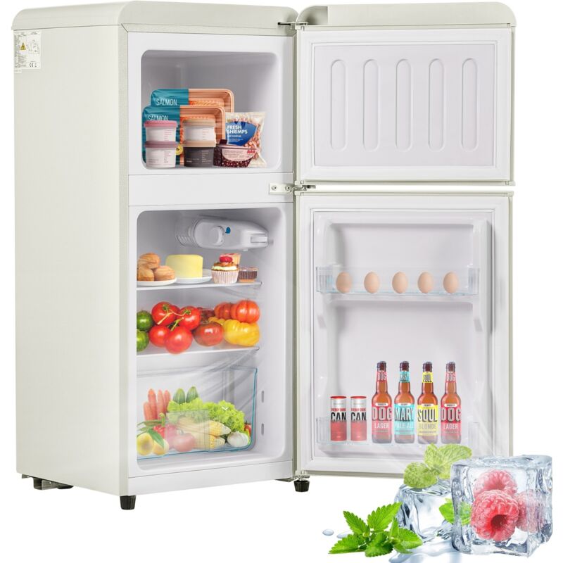 Réfrigérateur double porte 60 l, avec capacité de congélation 22 l, 02 kWh/an, -27°C ∽ 13°C, éclairage led, style rétro, 88x45x42 cm - Blanc crème