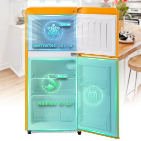 Réfrigérateur, Ohjijinn Réfrigérateur rétro.  86,8 cm de hauteur, 45,5 cm de largeur, deux portes, avec un volume total de 60 litres.163 kWh/an, -27°C ∽ 13°C, éclairage LED. Classe énergétique jaune p