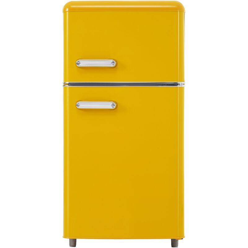 Fortuna Lai - Réfrigérateur rétro, 2 portes, 72L total, 21 l congélation, 120 kWh/an, lumière led, Classe énergétique e, jaune