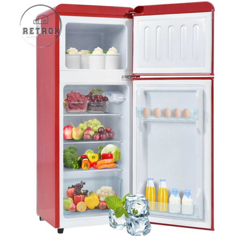 Réfrigérateur rétro -27°C 13°C 105.5cmx41cm, 2 portes, avec un volume total de 92L, 28L de congélation étagères en verre avec lumière led. Rouge