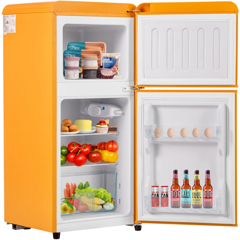Hommoo - Réfrigérateur rétro, combinaison congélateur avec un volume total de 60 litres, un volume de congélateur de 22 litres, jaune
