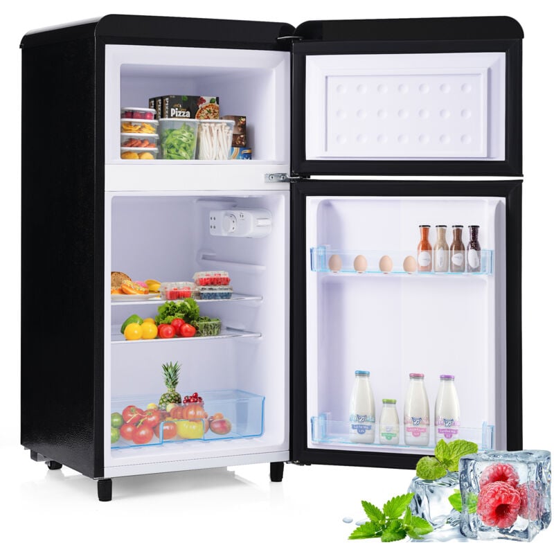 Hommoo - Réfrigérateur rétro avec éclairage led, volume total 72 litres, volume congélateur 21 litres, 120 kWh/an, noir