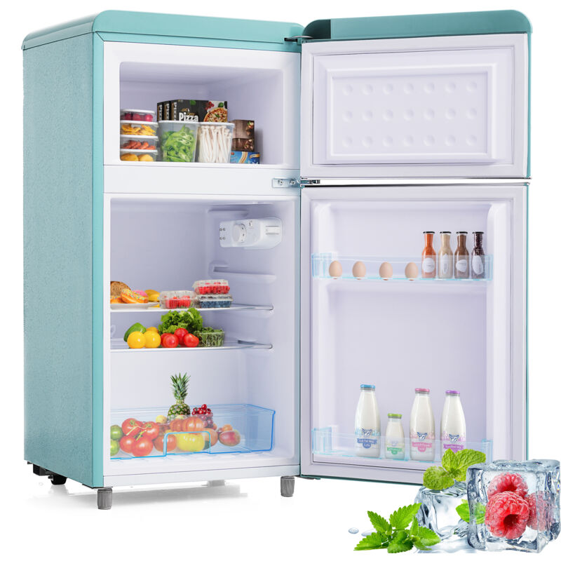 Réfrigérateur rétro, réfrigérateur à double porte haut et bas, volume total 72 litres, avec volume congélateur 21 litres, 120 kWh/an, éclairage led.