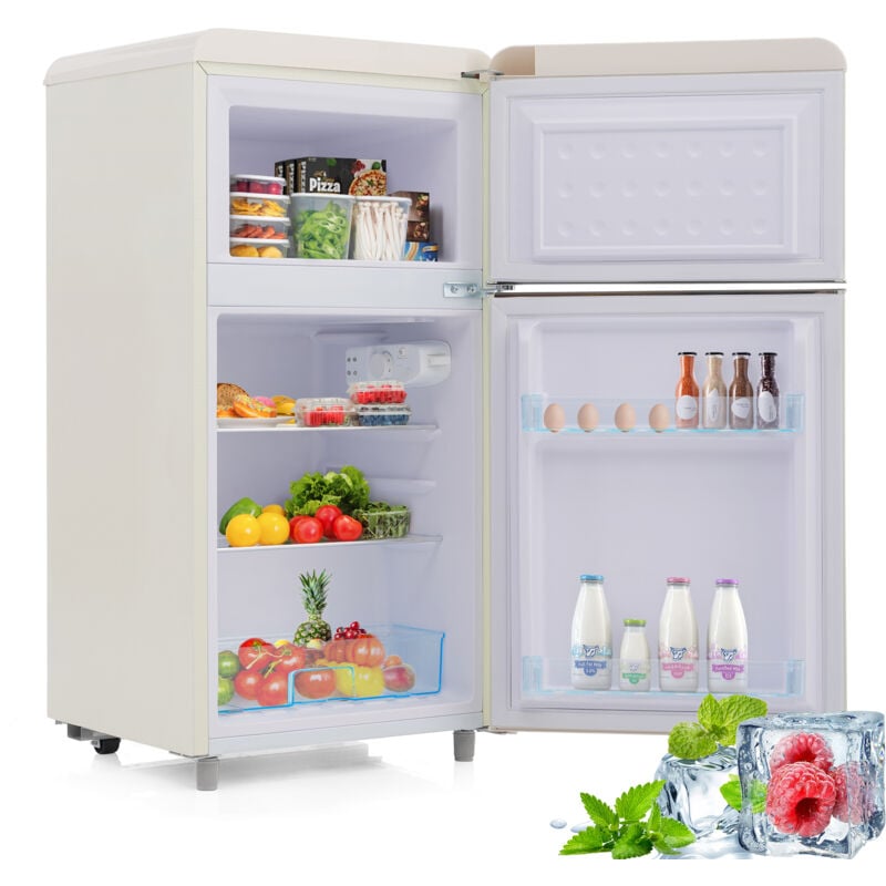 Réfrigérateur rétro, réfrigérateur à double porte haut et bas, volume total 72 litres, avec volume congélateur 21 litres, 120 kWh/an, éclairage led.