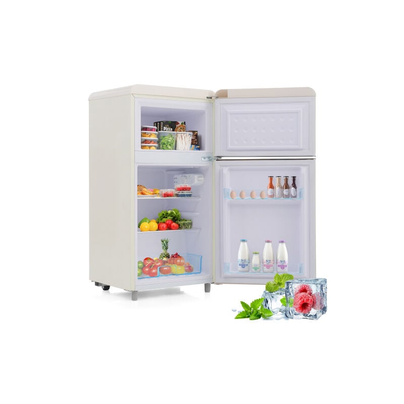 Réfrigérateur vintage, réfrigérateur 2 portes en haut et en bas, capacité totale 72 litres, capacité de congélation 21 litres, 120 kWh / an, lumière