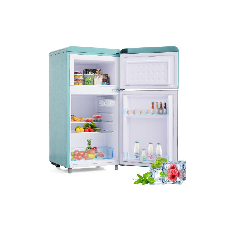 Réfrigérateur vintage, réfrigérateur 2 portes en haut et en bas, capacité totale 72 litres, capacité de congélation 21 litres, 120 kWh / an, lumière