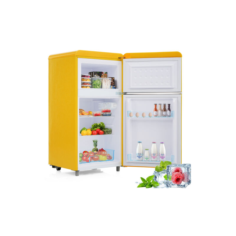 Réfrigérateur vintage, réfrigérateur 2 portes en haut et en bas, capacité totale 72 litres, capacité de congélation 21 litres, 120 kWh / an, lumière