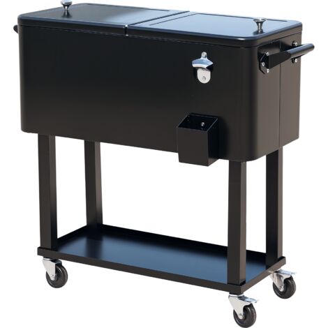Refroidisseur boissons acier avec roulettes, ouvre-bouteille, drain, terrasse extérieure/jardin, 75,7 L, noir