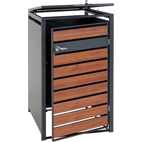 Refugio para cubo de basura con cerradura de metal antracita con aspecto de madera de cerezo marrón oscuro MDJ04178