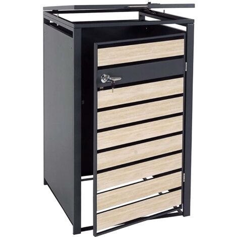 Refugio para cubo de basura con cerradura en metal antracita con aspecto de madera de haya marrón claro MDJ04177