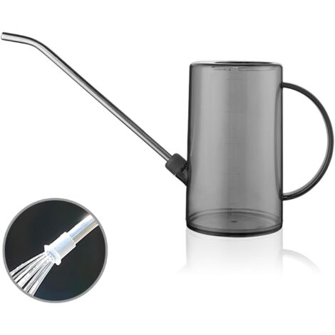 Regadera de plástico de 1 l con pico largo de acero inoxidable, marcas de medición claras, para plantas de interior y flores, fácil de llenar - Gris