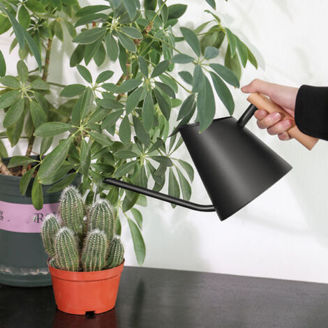 Regadera metálica de 800 ml con boquilla larga y mango de madera para plantas de interior y jardines, elemento decorativo, color negro mate.