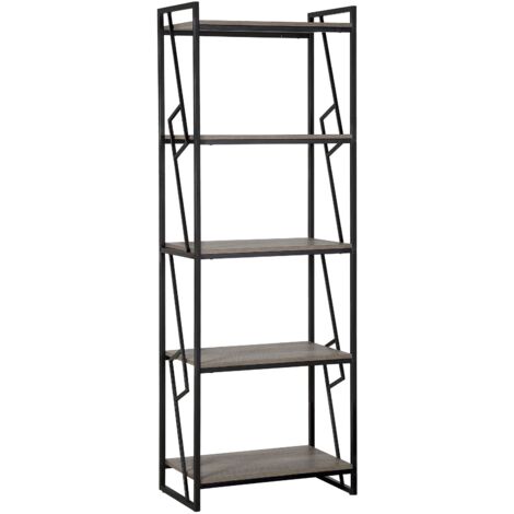 Regal Dunkler Holzfarbton Schwarz Spanplatte Metall 184 x 64 x 40 cm Industriell Trendy Praktisch 5 Fächer Viel Stauraum Wohnzimmer
