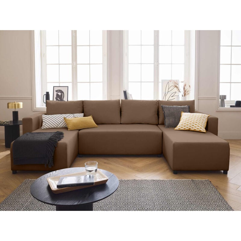 Bestmobilier - Regala - canapé panoramique - 7 places - convertible avec coffre - en tissu - marron