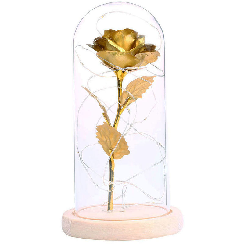 

Regalo de cumpleanos luz de la flor de Rose LED, con la tapa de vidrio base de madera, oro