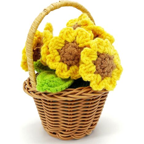 Regalos para mujeres, flores de ganchillo, regalo de cumpleaños para familiares, niños, amigos, hecho a mano, ramo de girasoles tejidos, hermoso adorno, cesta, planta artificial, sala de estar, oficin