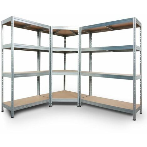 Regalsystem: 1 Eckregal 180x90x45x64,5cm und 2 RIVET Steckregale 180x120x45cm und 180x90x45cm. 4 HDF- Böden, 250kg, verzinkt - Verzinkt
