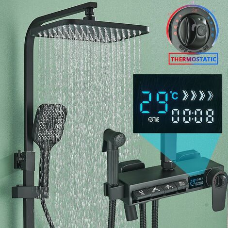 Regendusche Duschsystem mit Thermostat Duscharmatur Komplettset Duschset mit Armatur und Ablage Duscharmaturen Schwarz