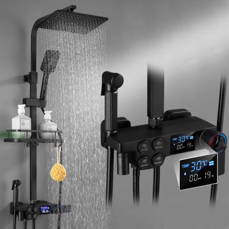 Regenduschkopf Duschsäule mit Thermostat LED Duschgarnitur mit Armatur, 4 Funktionen Duschsystem,Regendusche Duschset mit 3 Strahlart(en) Handbrause Duschstange,Schwarz Brauseset Überkopfbrausset