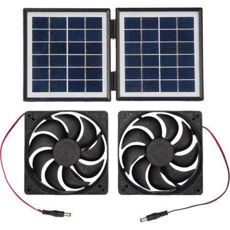 Regenfestes Solar-Abluftventilator-Set 2 x 5W mit 10W faltbarem Panel für den Außenbereich, z. B. für Wohnwagen, Haustierhäuser und Waschküchen, schwarz.