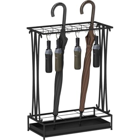 Regenschirmständer Stahl Schirmständer Rechteckiger Schirmhalter mit 24 Haken, 21 Löchern, herausnehmbare Wasserauffangschale für Gehstöcke & Regenschirme 50 x 24 x 68 cm Schwarz