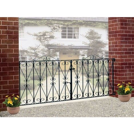 CANNOCK GATES Regent Scroll Double Driveway Gate - Solid Steel - Fits Gap of 2134 mm x 914 mm High - Electro Galvanised/Black Powder Coated