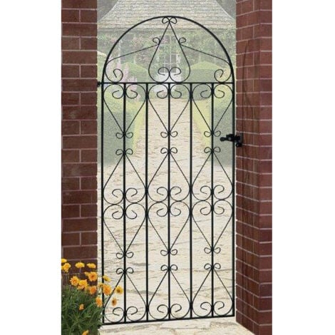 CANNOCK GATES Regent Scroll Tall Bow Top Single Gate - Solid Steel - Fits Gap of 991 mm x 1867 mm High - Electro Galvanised/Black Powder Coated