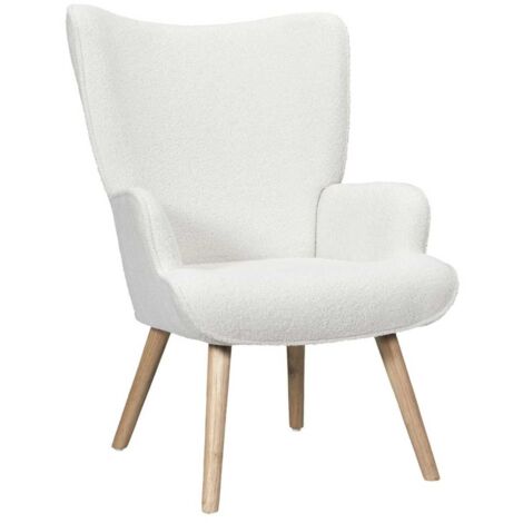 REGINA - Fauteuil de salon en tissu bouclette blanc pieds en bois d'hévéa