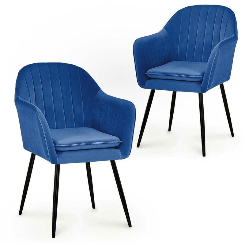 regina - lot de 2 chaises avec accoudoirs en velours bleu pieds noirs - bleu