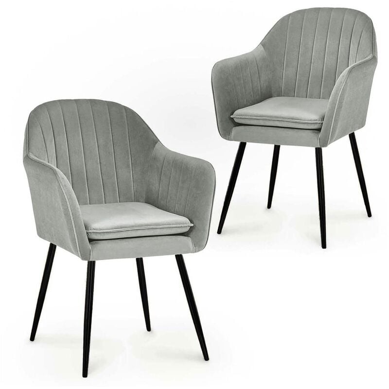regina - lot de 2 chaises avec accoudoirs en velours gris pieds noirs - gris