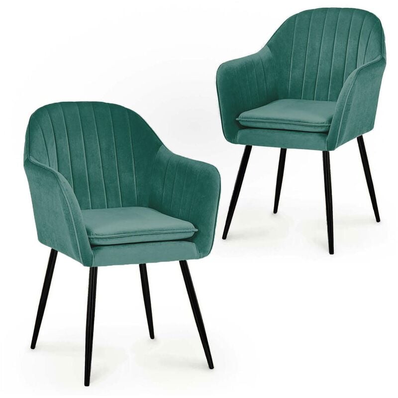 regina - lot de 2 chaises avec accoudoirs en velours vert pieds noirs - vert