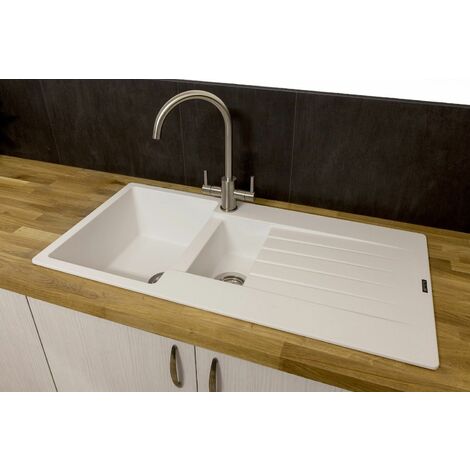 Reginox Harlem15 Kitchen Sink 1.5 Bowl Sink Pure White Granite Reversible Waste