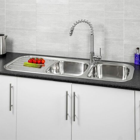 Reginox Regent Lux Kitchen Sink 2 Bowl Stainless Steel Left Hand Drainer Inset - Silver