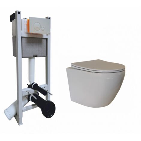 Regiplast – Pack WC suspendu – Bâti-support universel avec plaque GLOBE – Cuvette sans bride KELOS Flush Blanc brillant – Abattant frein de chute