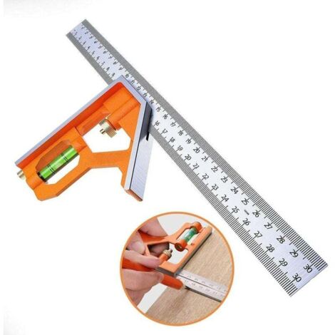 Regla de ángulos combinada de acero inoxidable de 300 mm, escuadra combinada, regla de posicionamiento con nivel de burbuja, herramienta de carpintero para medir ángulos de 45°/90°.