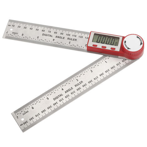 Regla digital electrónica de acero inoxidable con medición de ángulo de 360° y escala de 0 a 200 mm.