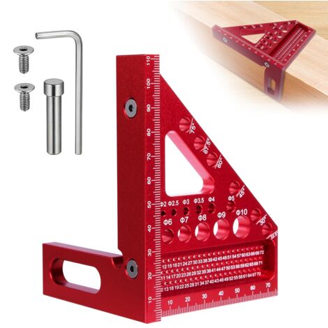 Règle d'angle pour le Travail du Bois, Equerre 3D Aluminium à 45/90 Degrés, Outil de Mesure Polyvalent de Haute Précision pour Ingénieur, Charpentier, Bricolage (Rouge)