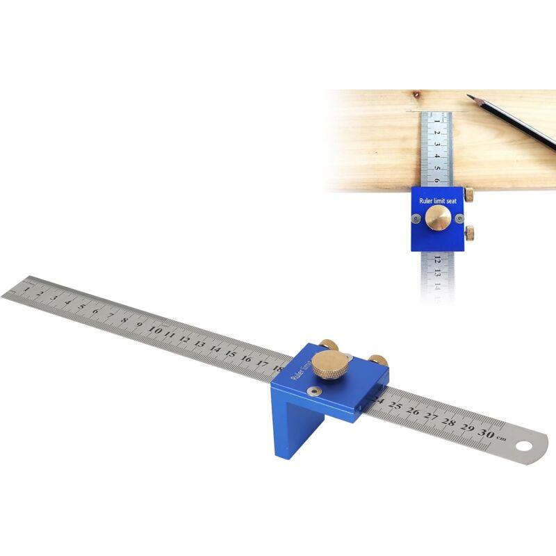 Règle de butée - En métal - Avec butée - 30 cm - Outil de traçage avec échelle de mesure en pouces et cm - En acier au carbone - Pour le travail du