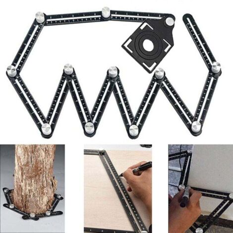 Règle de Mesure Multi Angle 12 Côtés pour Carrelage avec 3 Ouvertures de Positionnement Outil Métal Noir