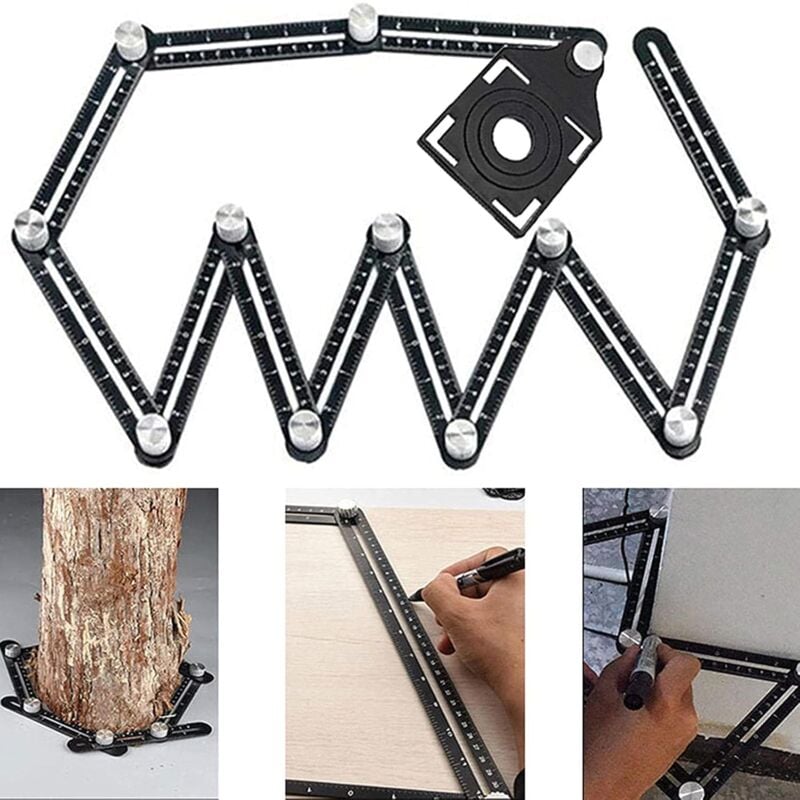 Règle de mesure multi-angle pour carrelage - Outil d'angle noir - Pochoir d'angle en alliage d'aluminium - 12 outils latéraux - Convient pour la