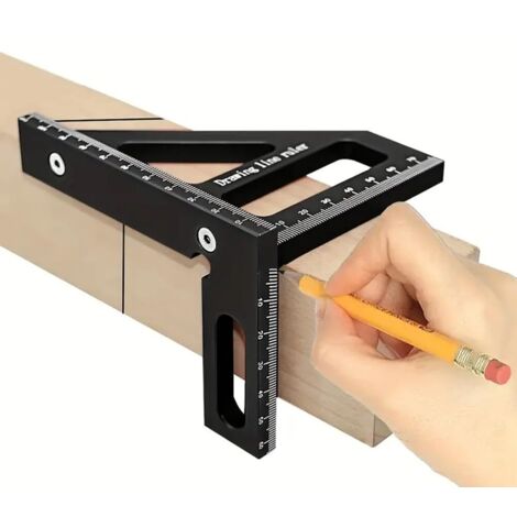 Règle de mesure multi-angles 3D, rapporteur carré en alliage d'aluminium 45°/90°, règle de ligne de dessin, outil de mesure de précision pour le travail du bois, l'ingénierie et la construction (noir)