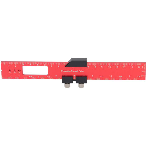 Règle de traçage en alliage d'aluminium antidérapante pour menuiserie, précise et portable avec butée, outil de marquage rouge.