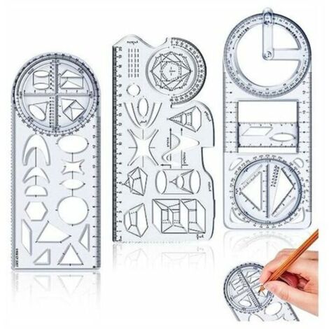 Règle géométrique multifonctionnelle, règle à motifs géométriques, ensemble de 3 règles de dessin multifonctionnelles