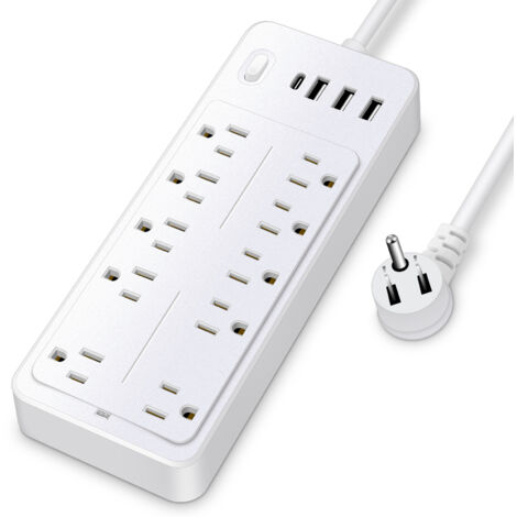 Regleta 14 en 1 con protección contra sobretensiones, 10 tomas de corriente alterna, 3 puertos USB, 1 puerto USB tipo C, cable de 1,2 m, carcasa de ABS con protección automática contra sobretensiones,